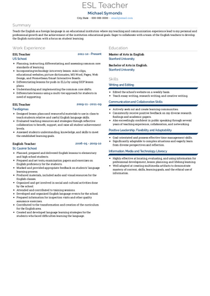 ESL Teacher Resume Sample and Template