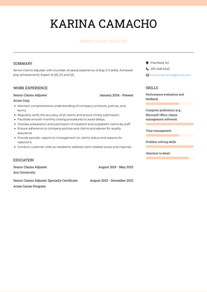 Senior Claims Adjuster Resume Sample and Template