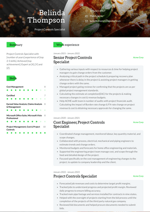 Project Controls Specialist Resume Sample and Template