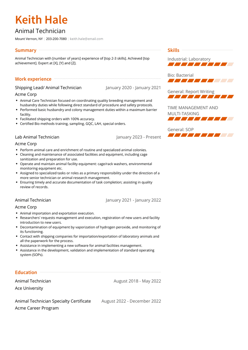 Animal Technician Resume Sample and Template