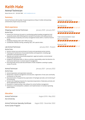 Animal Technician Resume Sample and Template