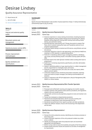 Quality Assurance Representative Resume Sample and Template