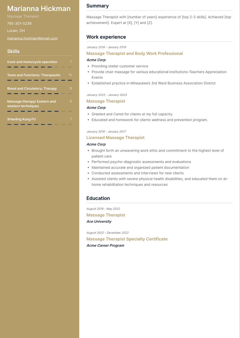 Massage Therapist Resume Sample and Template