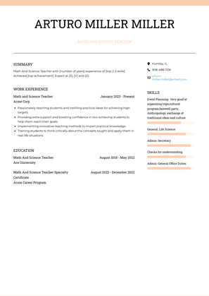 Math And Science Teacher Resume Sample and Template