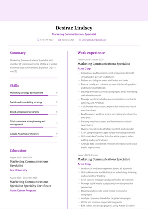 Marketing Communications Specialist Resume Sample and Template