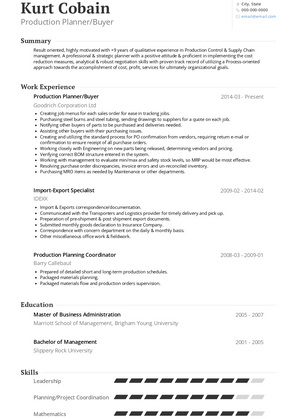 Production Planner/Buyer Resume Sample and Template