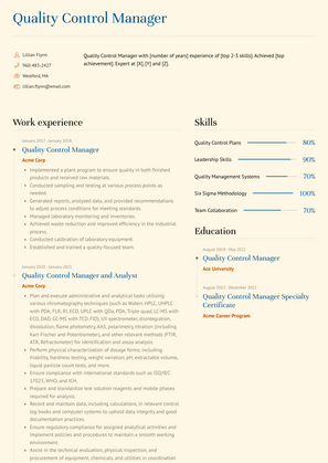 Quality Control Manager Resume Sample and Template