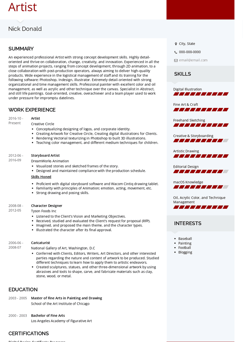 Artist Resume Sample and Template