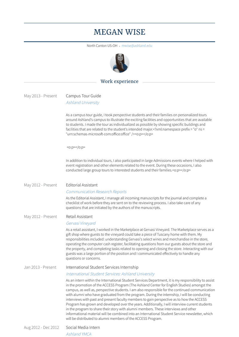 Campus Tour Guide Resume Sample and Template