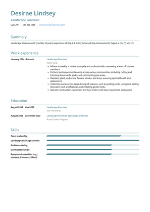 Landscape Foreman Resume Sample and Template