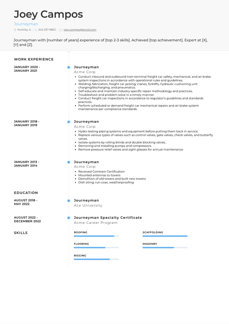 Journeyman Resume Sample and Template