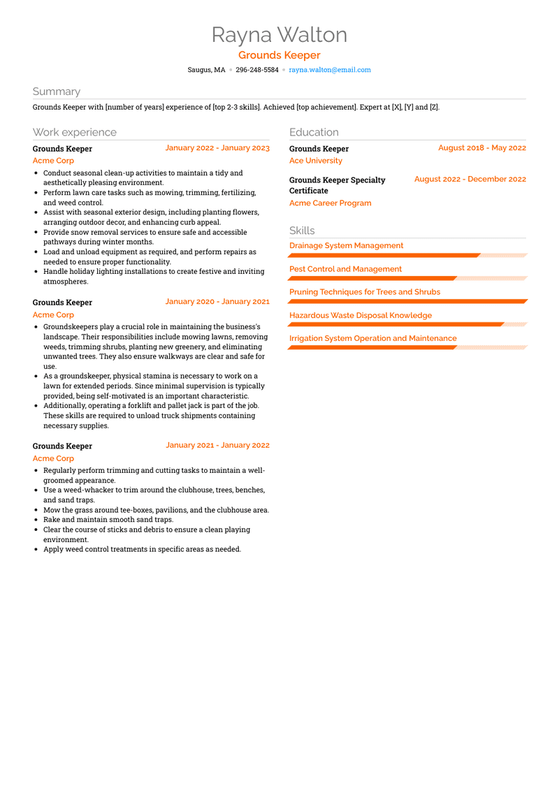 Grounds Keeper Resume Sample and Template