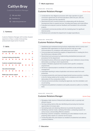 Customer Relations Manager Resume Sample and Template