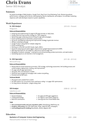 Senior SEO Analyst Resume Sample and Template