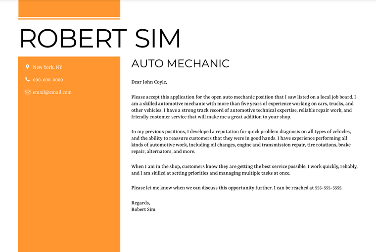 Short Cover Letter Sample: Auto Mechanic