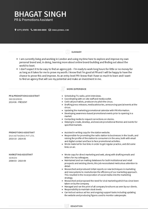 PR & Promotions Assistant Resume Sample and Template