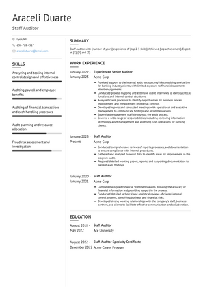 Staff Auditor Resume Sample and Template