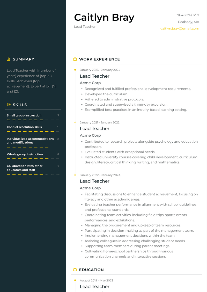 Lead Teacher Resume Sample and Template