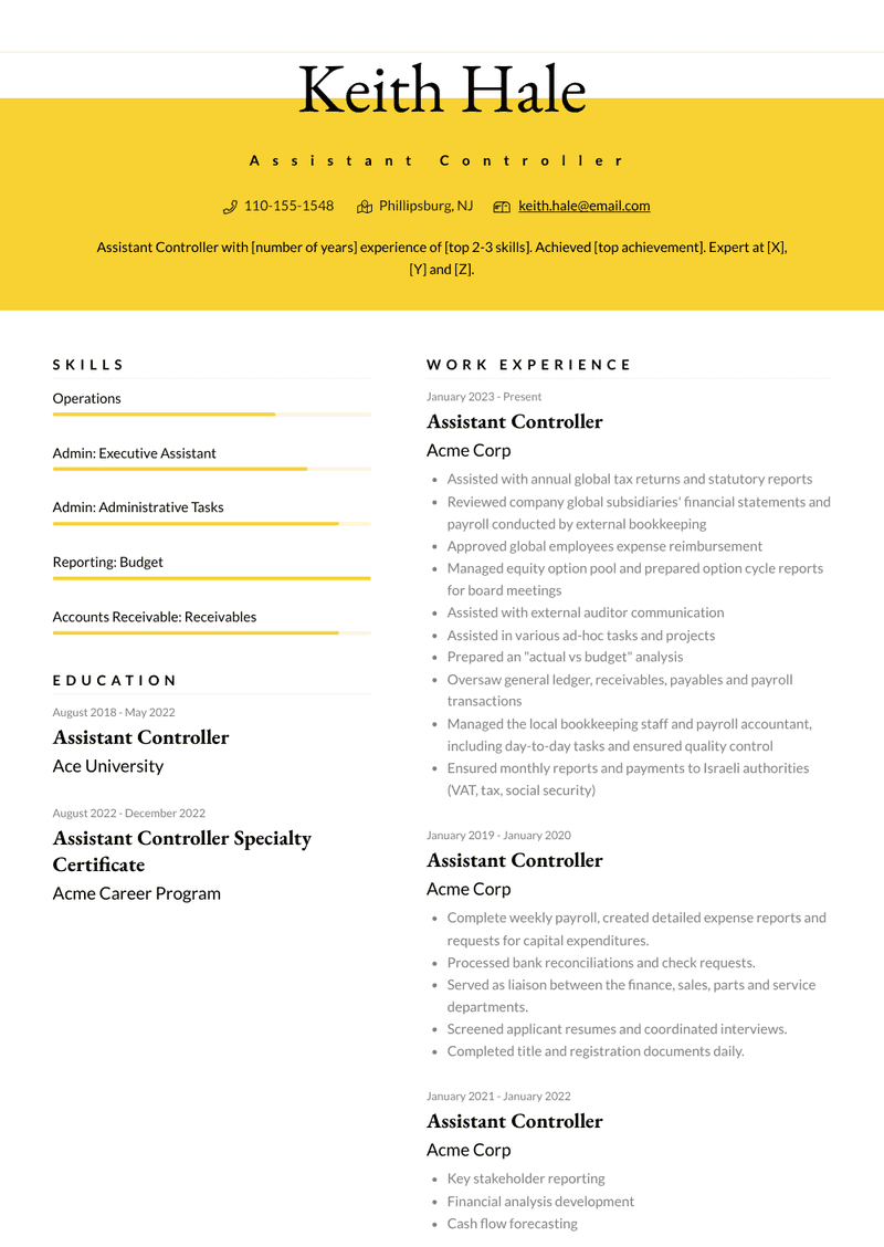 Assistant Controller Resume Sample and Template