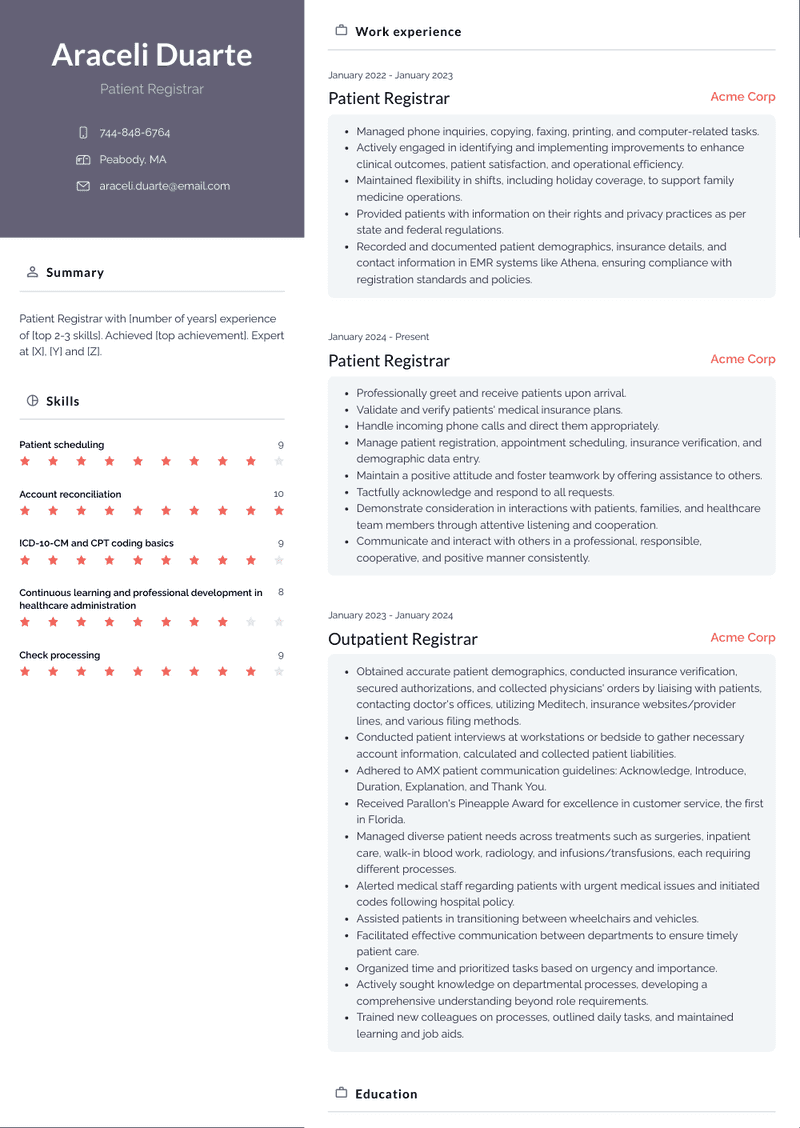 Patient Registrar Resume Sample and Template