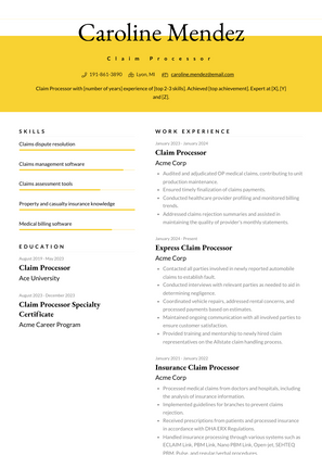 Claim Processor Resume Sample and Template