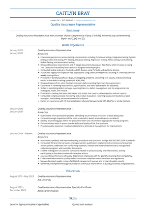 Quality Assurance Representative Resume Sample and Template