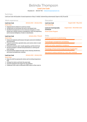 Lead Line Cook Resume Sample and Template