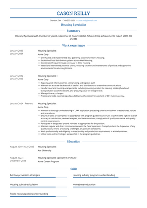 Housing Specialist Resume Sample and Template