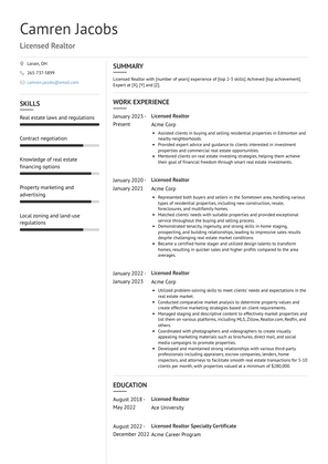 Licensed Realtor Resume Sample and Template