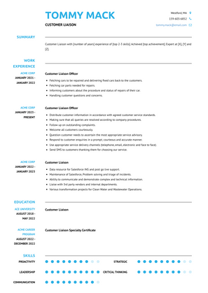 Customer Liaison Resume Sample and Template