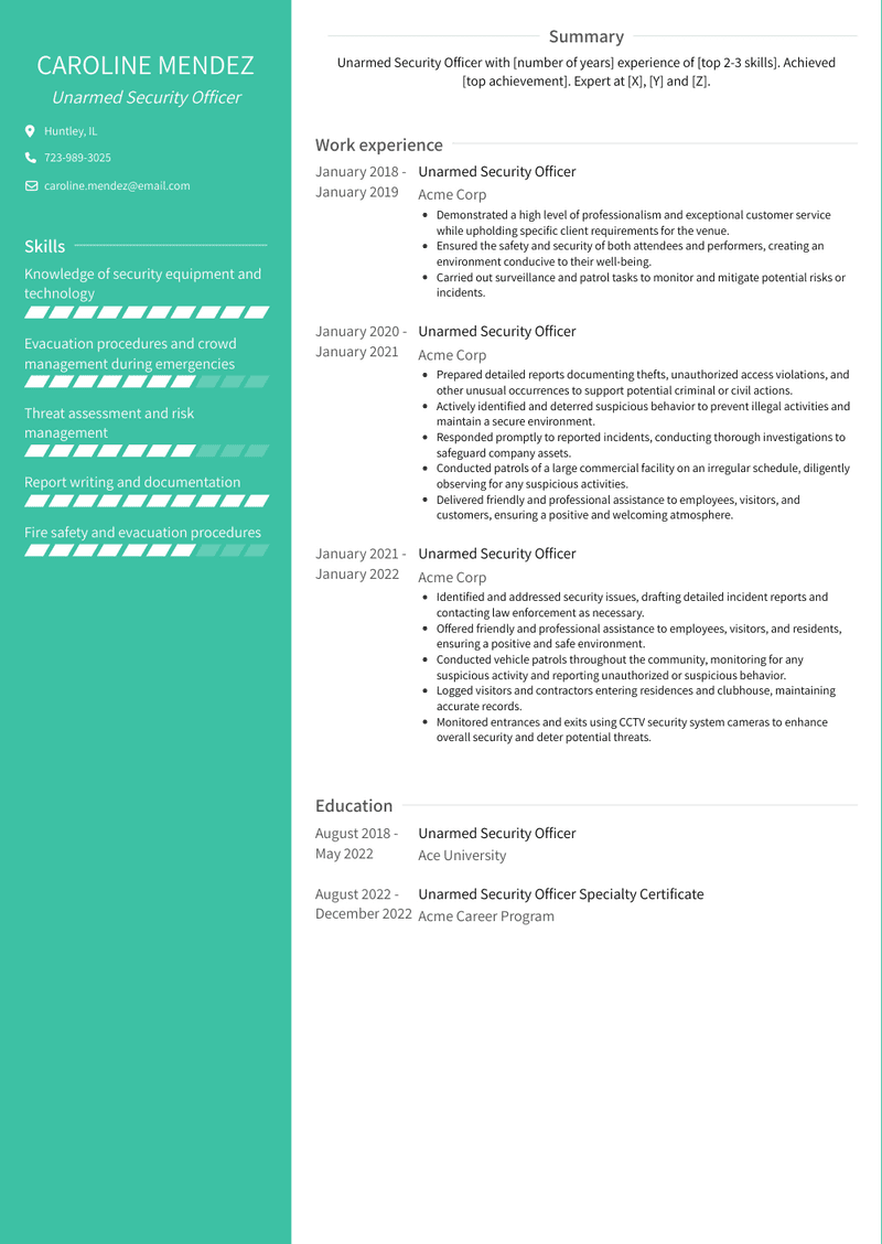 Unarmed Security Officer Resume Sample and Template