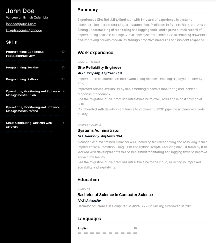 cloud engineer (SRE) resume example