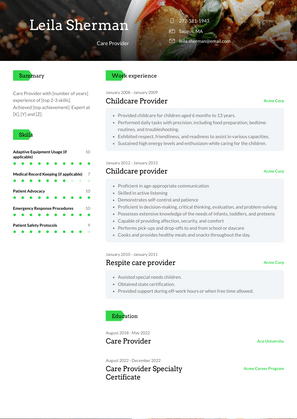 Care Provider Resume Sample and Template