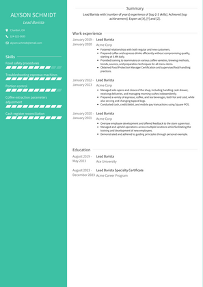 Lead Barista Resume Sample and Template
