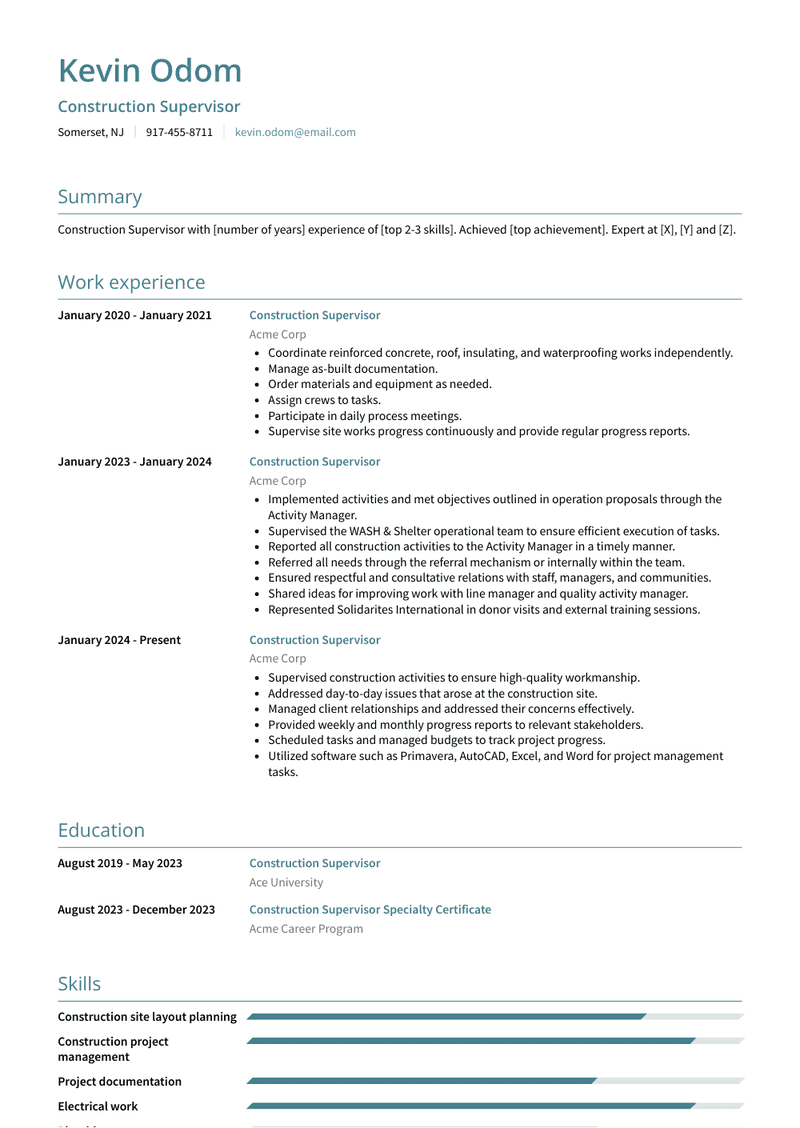 Construction Supervisor Resume Sample and Template