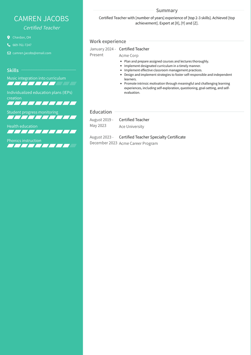 Certified Teacher Resume Sample and Template