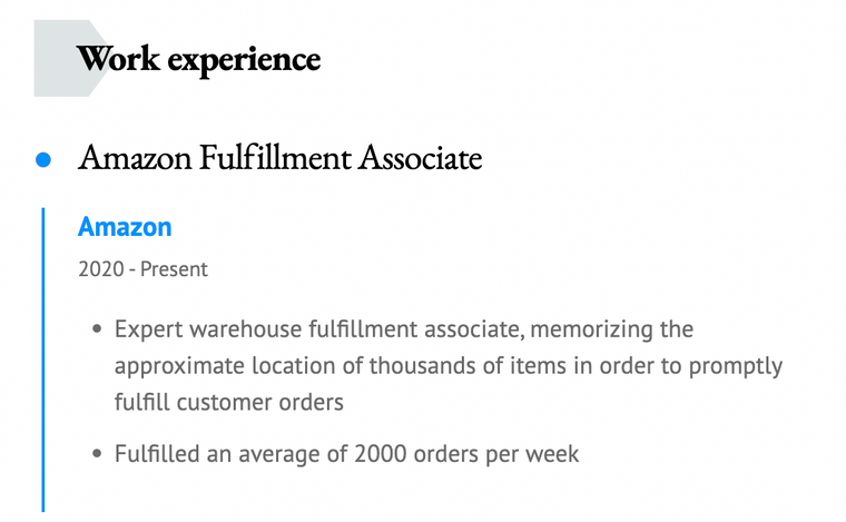 Amazon Fulfillment Associate Job Description for Resume Example One