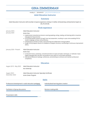 Adult Education Instructor Resume Sample and Template