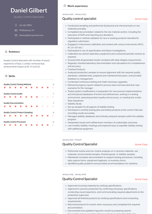 Quality Control Specialist Resume Sample and Template