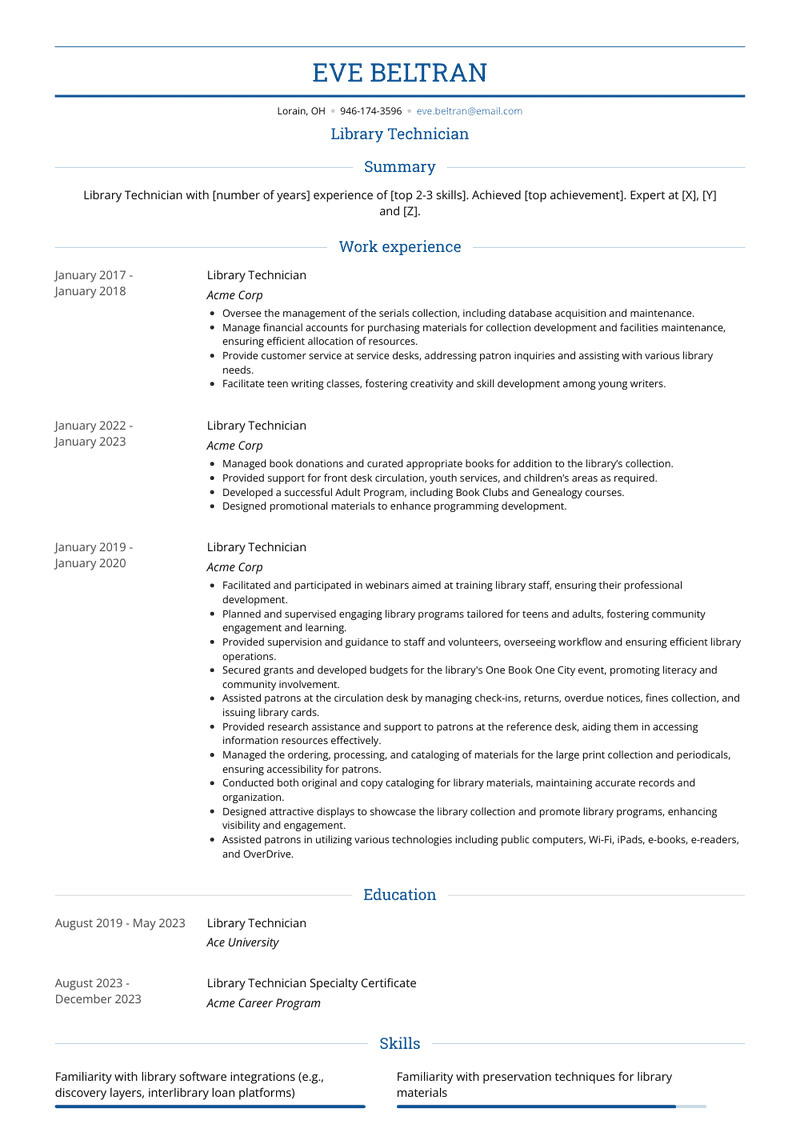 Library Technician Resume Sample and Template