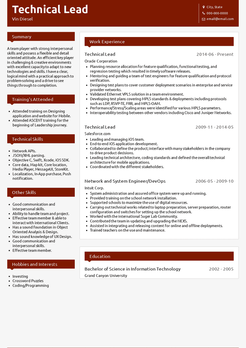 Technical Lead Resume Sample and Template