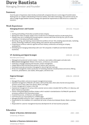 Managing Director and Founder Resume Sample and Template