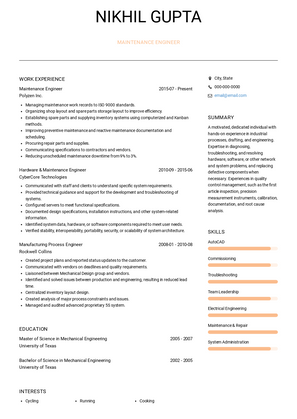 Maintenance Engineer Resume Sample and Template