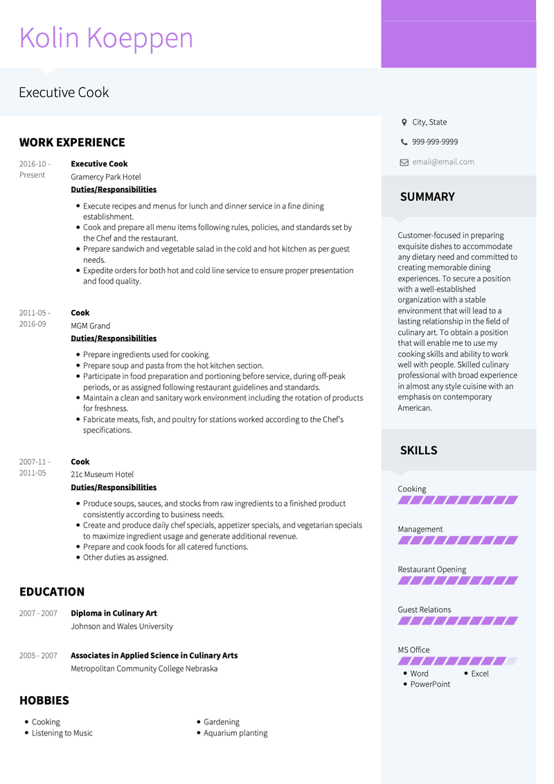 Cook CV Example and Template