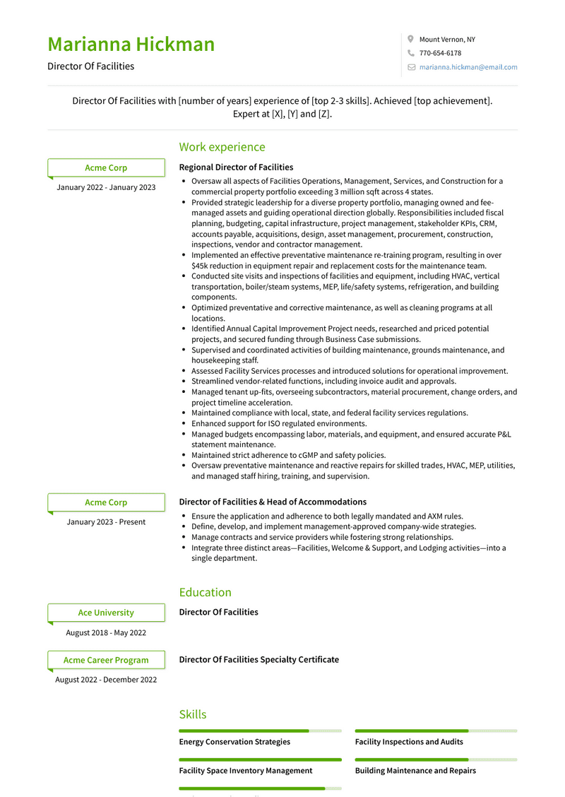 Director Of Facilities Resume Sample and Template