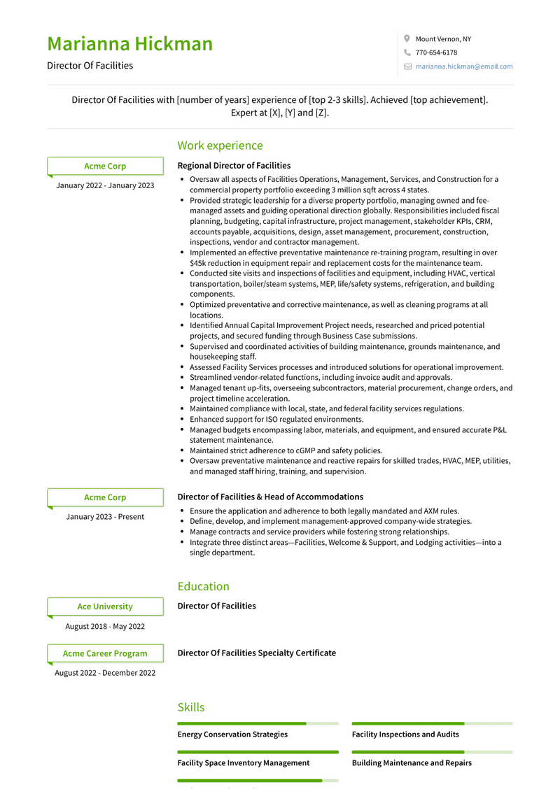 Director Of Facilities Resume Examples and Templates