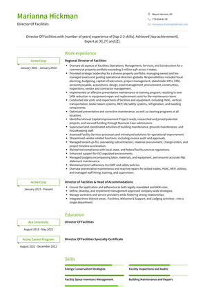 Director Of Facilities Resume Sample and Template