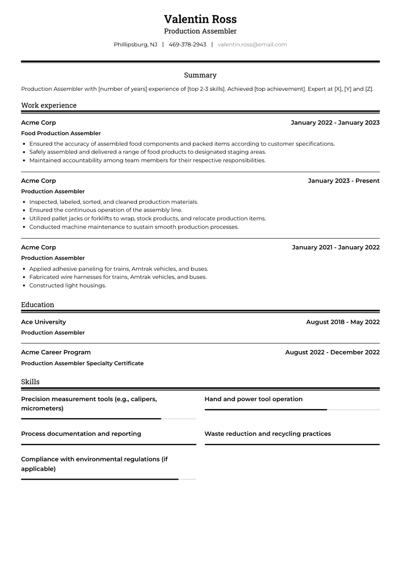 Production Assembler Resume Sample and Template