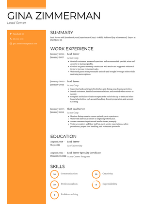 Lead Server Resume Sample and Template