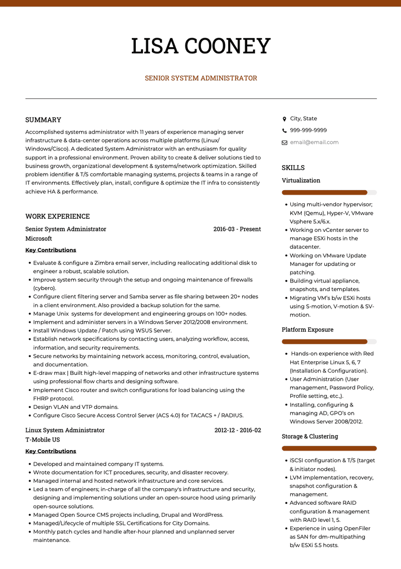 Senior Systems Administrator CV Example and Template